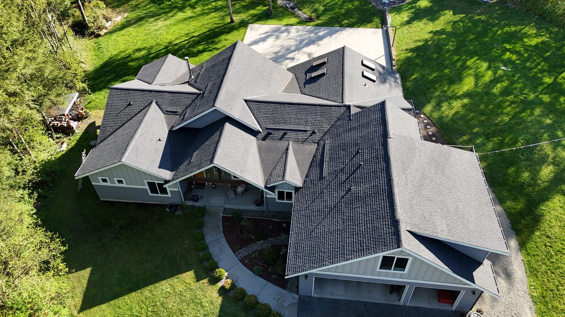 Aerial view of a completed residential roof