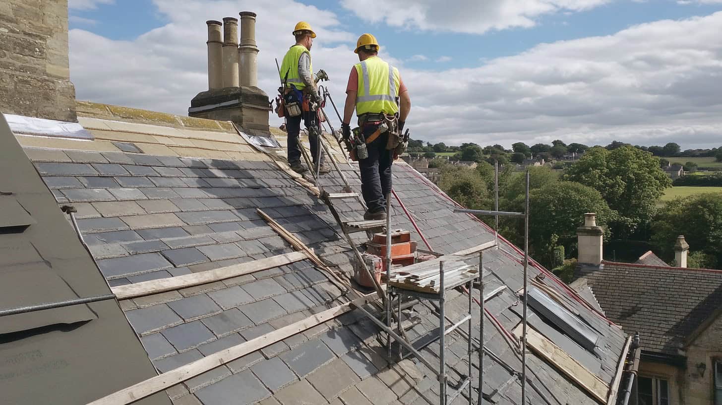 Professional roofers working on a roof with scaffolding